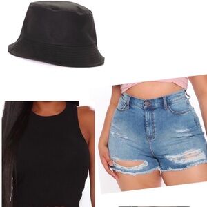 Combo Deal with Black Sleeveless Crop Top Jean Shorts and Hat. (NEW)